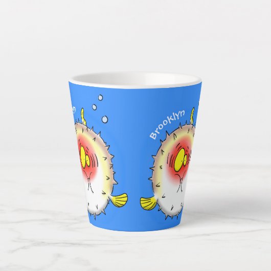Funny puffer fish porcupine fish cartoon latte mok (Voorkant)