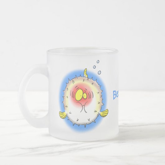 Funny puffer fish porcupine fish cartoon matglas koffiemok (Links)