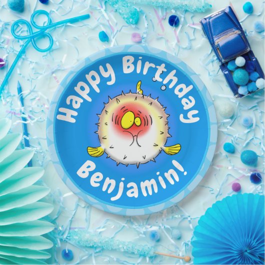 Funny puffer fish porcupine fish cartoon papieren bordje (Feest)