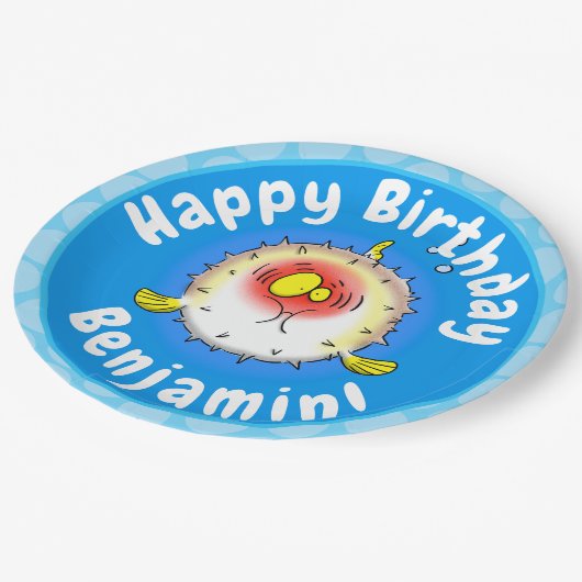Funny puffer fish porcupine fish cartoon papieren bordje (Gekanteld)
