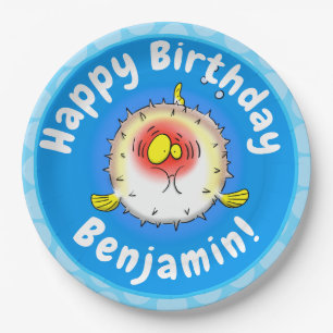 Funny puffer fish porcupine fish cartoon papieren bordje