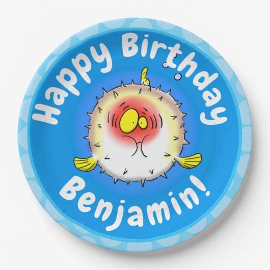 Funny puffer fish porcupine fish cartoon papieren bordje (Voorkant)