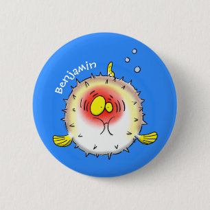 Funny puffer fish porcupine fish cartoon ronde button 5,7 cm