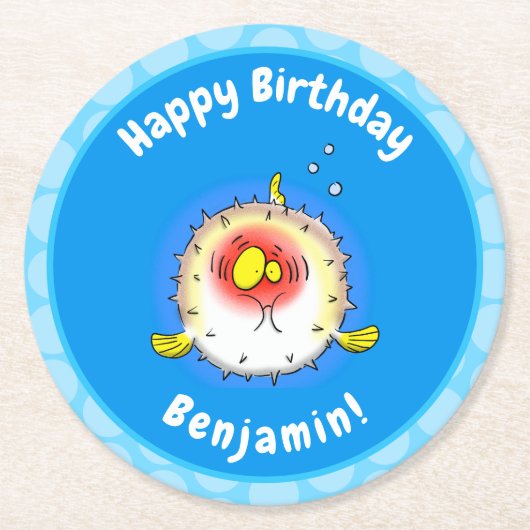 Funny puffer fish porcupine fish cartoon ronde kartonnen onderzetter (Voorkant)