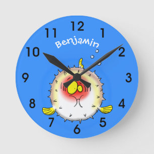 Funny puffer fish porcupine fish cartoon ronde klok