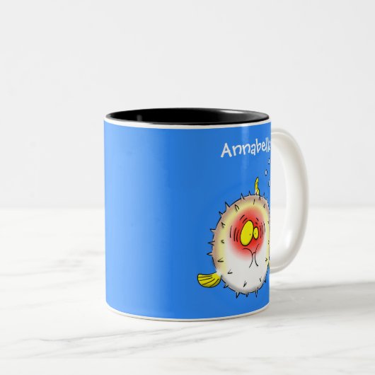 Funny puffer fish porcupine fish cartoon tweekleurige koffiemok (Voorkant rechts)