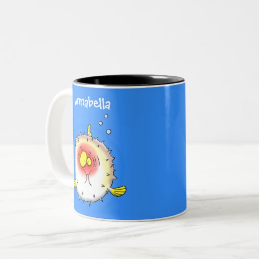 Funny puffer fish porcupine fish cartoon tweekleurige koffiemok (Voorkant links)