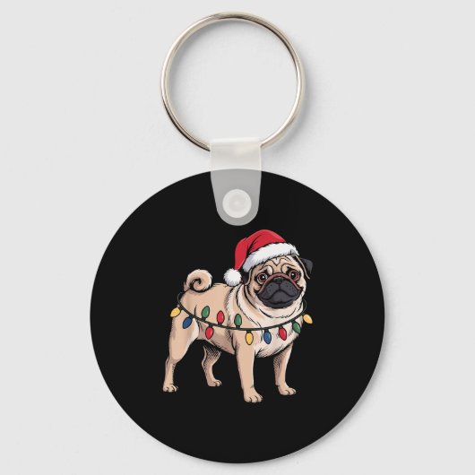 Funny Pug Christmas Santa Hat Xmas Lights  Sleutelhanger (Voorkant)