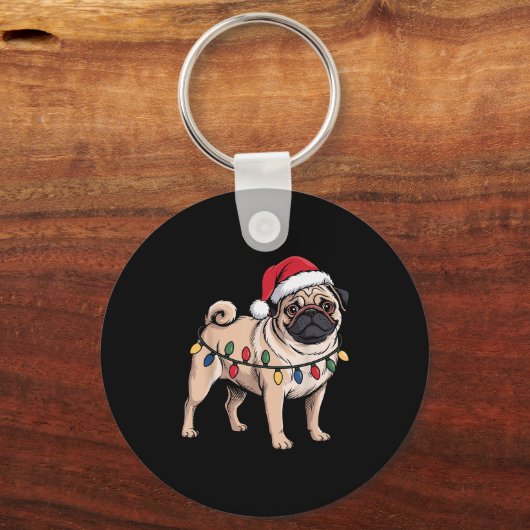 Funny Pug Christmas Santa Hat Xmas Lights  Sleutelhanger (Voorkant)