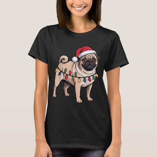 Funny Pug Christmas Santa Hat Xmas Lights  T-shirt (Voorkant)