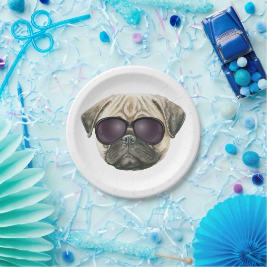 Funny pug, Cute franse buldog met bril Papieren Bordje (Feest)