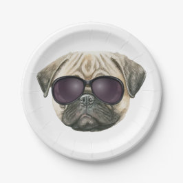 Funny pug, Cute franse buldog met bril Papieren Bordje