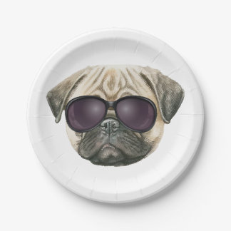 Funny pug, Cute franse buldog met bril Papieren Bordje