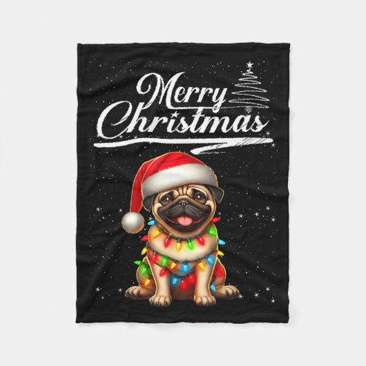 Funny Pug Dog Christmas Lights Santa Hat Candy Can Fleece Deken (Voorkant)