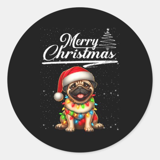Funny Pug Dog Christmas Lights Santa Hat Candy Can Ronde Sticker (Voorkant)