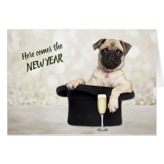 Funny Pug Dog in Style New Year-kaart (Voorkant Horizontaal)