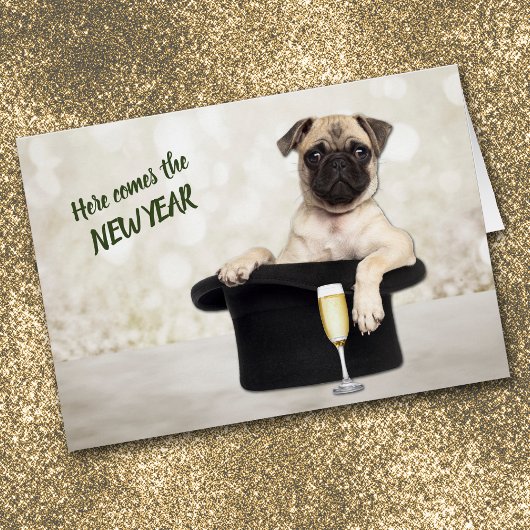 Funny Pug Dog in Style New Year-kaart