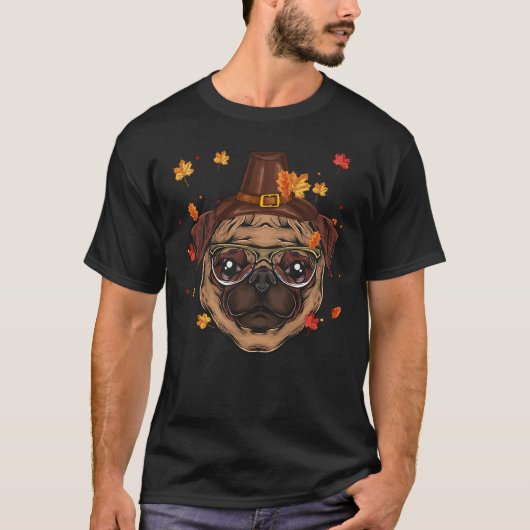 Funny Pug Dog Lovers Pilgrim Hat Fall Happy Thanks T-shirt (Voorkant)
