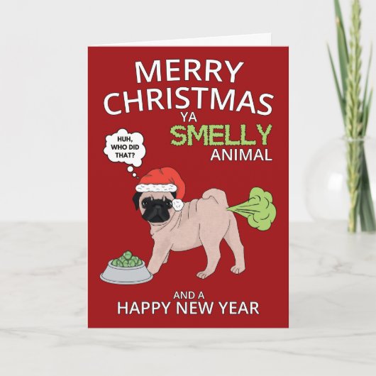 Funny Pug Dog Merry Kerstmis en nieuwjaar Feestdagen Kaart (Voorkant)
