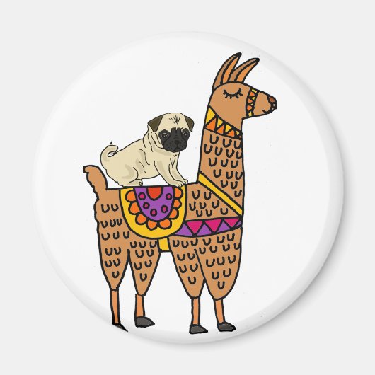 Funny Pug Dog Riding Llama Cartoon Magneet (Voorkant)