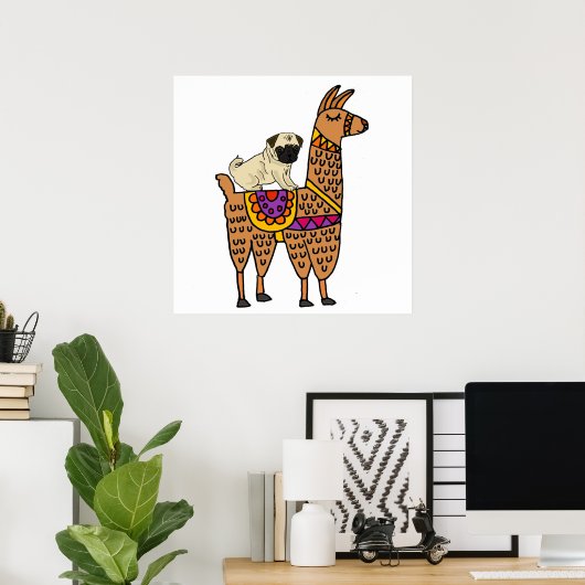 Funny Pug Dog Riding Llama Cartoon Poster (Thuiskantoor)