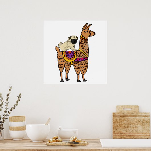 Funny Pug Dog Riding Llama Cartoon Poster (Keuken)