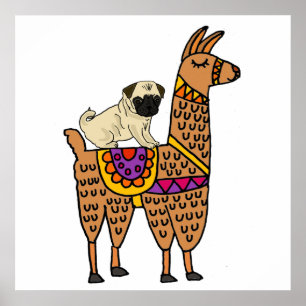Funny Pug Dog Riding Llama Cartoon Poster