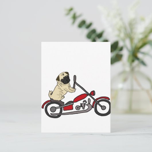 Funny Pug Dog Riding Motorcycle Art Briefkaart (Staand voorkant)