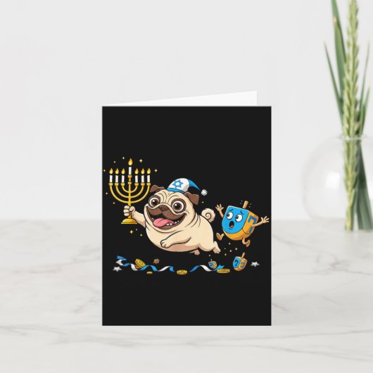 Funny Pug Dreidel Menorah Hanukkah Kids Womens Men Kaart (Voorkant)