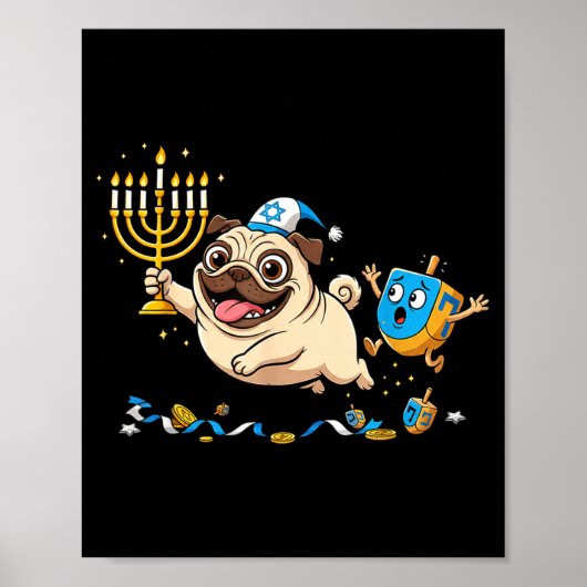 Funny Pug Dreidel Menorah Hanukkah Kids Womens Men Poster (Voorkant)