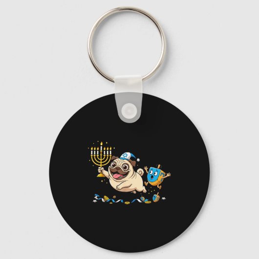 Funny Pug Dreidel Menorah Hanukkah Kids Womens Men Sleutelhanger (Voorkant)