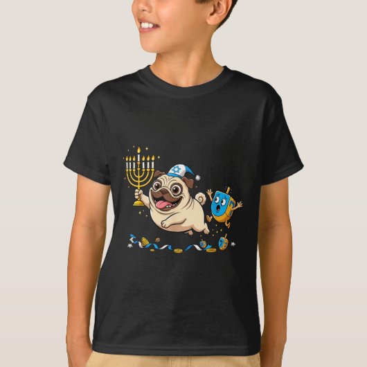Funny Pug Dreidel Menorah Hanukkah Kids Womens Men T-shirt (Voorkant)