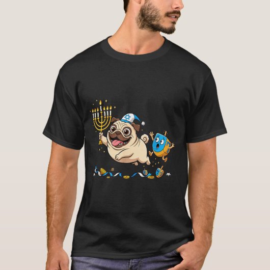 Funny Pug Dreidel Menorah Hanukkah Kids Womens Men T-shirt (Voorkant)