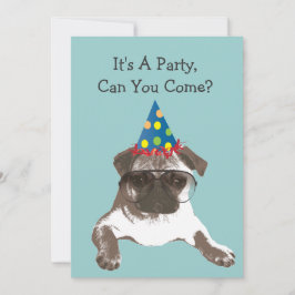 Funny Pug in Glasses Birthday Party Invitation Kaart