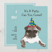 Funny Pug in Glasses Birthday Party Invitation Kaart (Voorkant / Achterkant)