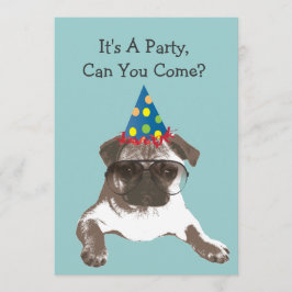 Funny Pug in Glasses Birthday Party Invitation Kaart
