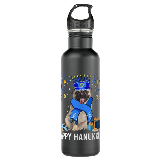 Funny Pug Menorah Pet Kerstmis Happy Hanukkah Jew Waterfles (Voorkant)