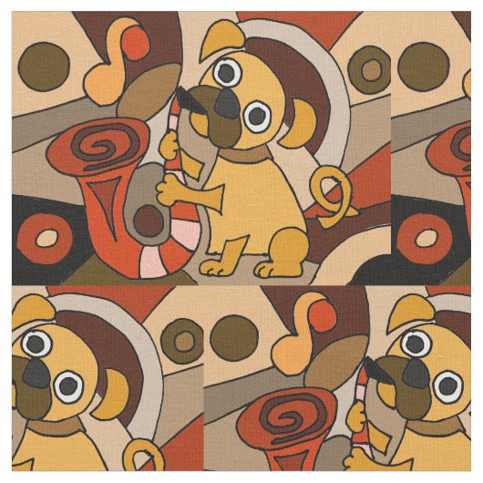 Funny Pug Spelling Saxophone Abstract Fabric Stof (Close Up)