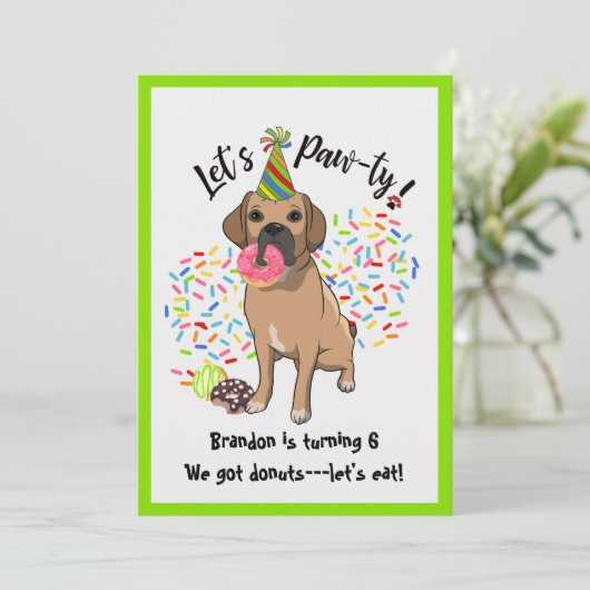 Funny Puggle Dog Donuts Birthday Party Kaart (Staand voorkant)