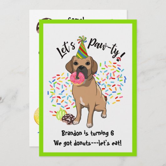 Funny Puggle Dog Donuts Birthday Party Kaart (Voorkant / Achterkant)