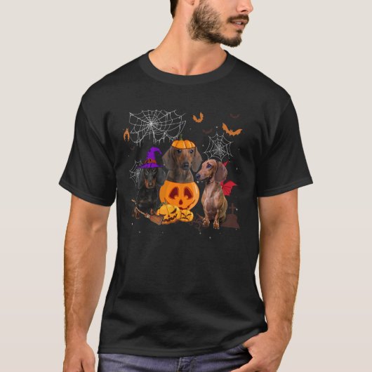 Funny Pumpkin Witch Dachshund Matching Dog Hallowe T-shirt (Voorkant)