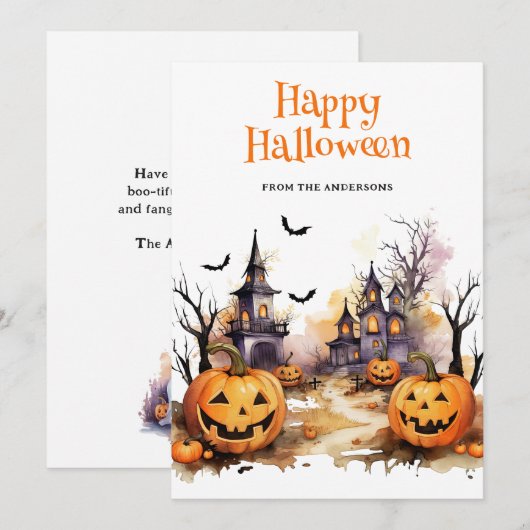 Funny Pumpkins Waterverf Happy Halloween Kaart (Voorkant / Achterkant)