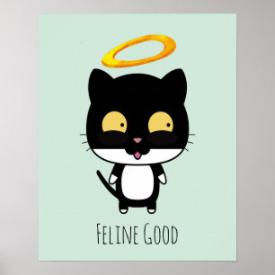Funny Pun Black Cat met een Golden Halo-Cartoon Poster