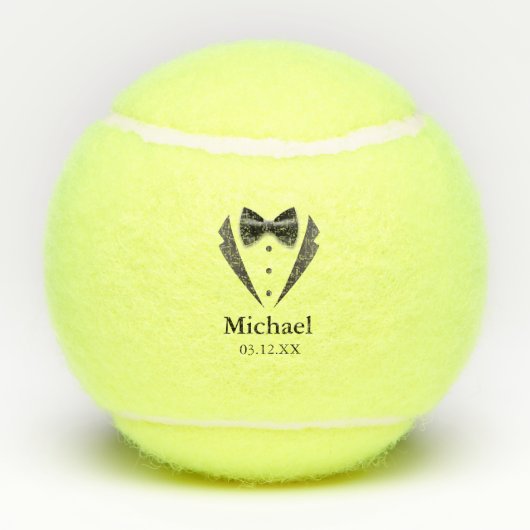 Funny Pun Groom Bow Stropdas Naam Bruiloft Datum Tennisballen (Achterkant)