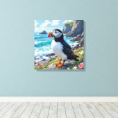 Funny Pun | Happy Birthday Puffin Canvas Afdruk (Insitu (Houten vloer))