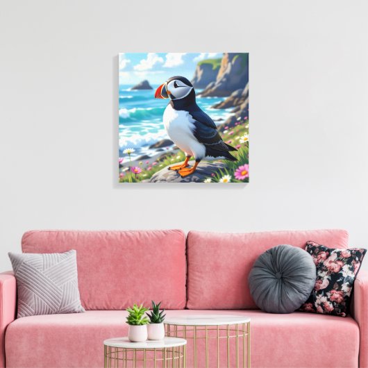 Funny Pun | Happy Birthday Puffin Canvas Afdruk (Insitu (Woonkamer))