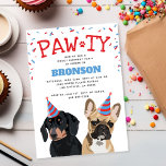 Funny Puppy Dog Birthday Party Kaart<br><div class="desc">Cute doggy verjaardagsuitnodigingen met een franse bulldog en dachshund,  beide met partijgenoten pet,  rood en blauw confetti,  het woord "PAW-TY" en een eenvoudige sjabloon van een gezelschapspartij.</div>