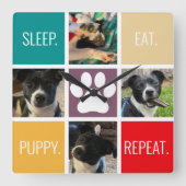 Funny Puppy Sleep Eat Herhaal Hondenliefhebber Kle Vierkante Klok (Voorkant)
