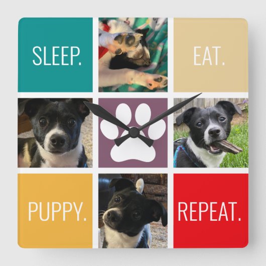 Funny Puppy Sleep Eat Herhaal Hondenliefhebber Kle Vierkante Klok (Voorkant)