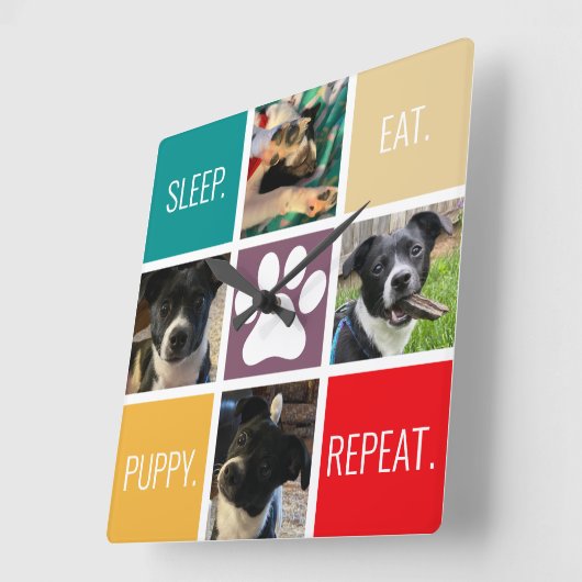 Funny Puppy Sleep Eat Herhaal Hondenliefhebber Kle Vierkante Klok (Hoek)